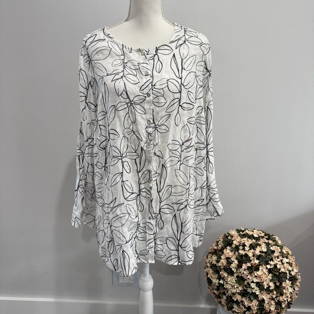 Cynthia Rowley COLLARLESS 100% Linen Print Button Down Shirt Tunic Size 1X